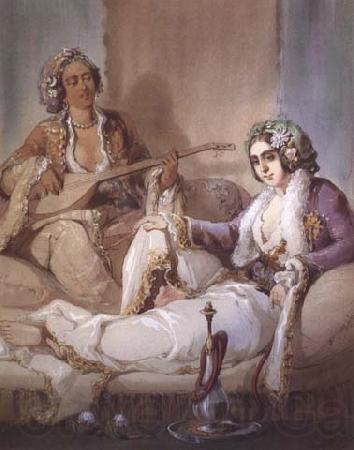 Amadeo Preziosi Femme turque fumant un narguile aquarelle et guache (mk32) France oil painting art